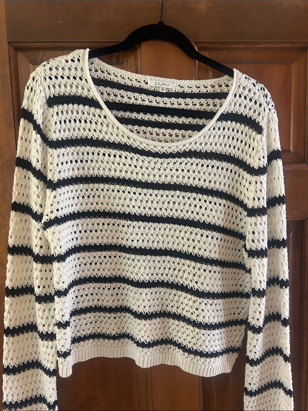 Z Supply Ivory and Black Striped Open-Knit Crew Sweater